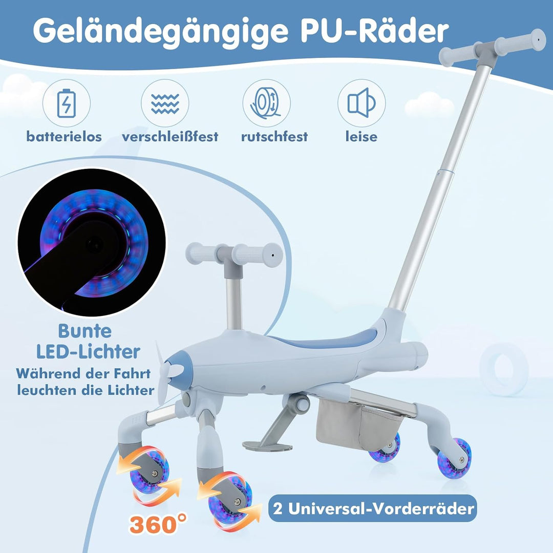 DREAMADE 2-in-1 Rutschauto, Flugzeug-Form Rutscherfahrzeug mit LED-Leuchten Rädern, Verstellbarer Sc