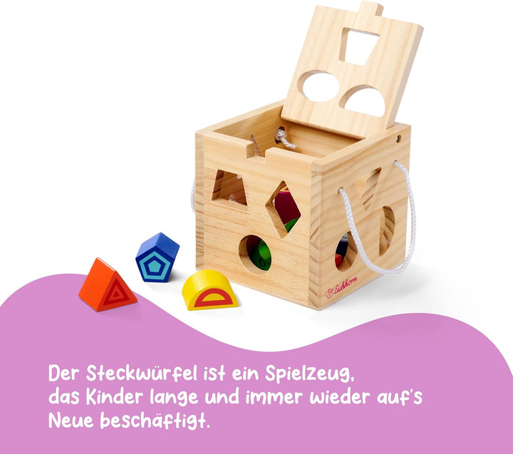 Eichhorn 100002092 Steckwürfel aus Holz, Kiefernholz, Motorikwürfel mit 12 Steckbausteinen, Holzspie