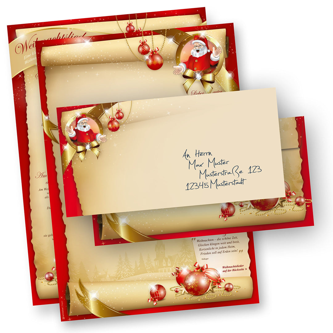 Weihnachtsbriefpapier Set SANTA CLAUS beidseitig (250 Sets ohne Fenster) Briefpapier mit Weihnachtsl