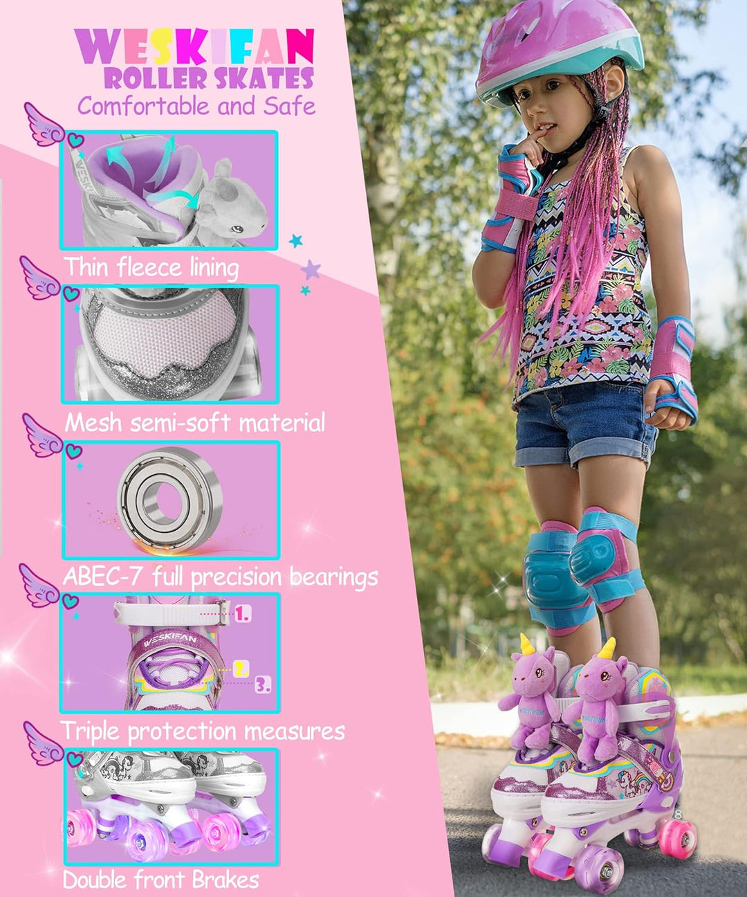 Kinder Einhorn-Puppe Rollschuhe für Mädchen 4 Grössen Verstellbar Mit Leuchtenden Rädern Quad Roller