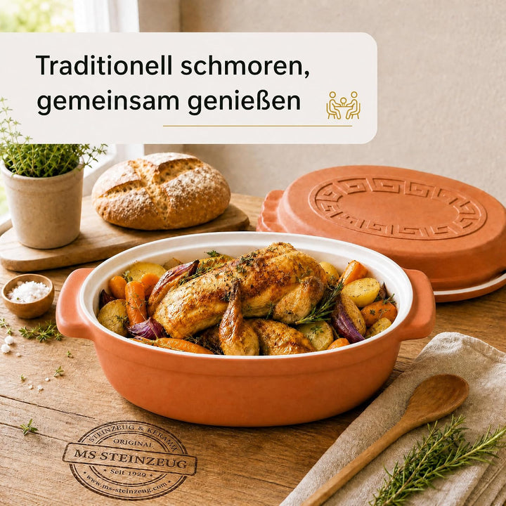 TerraStone Römertopf oval mit Deckel, Tonbräter 33x23cm, Terrakotta Bräter 33 cm, Bräter 33 cm