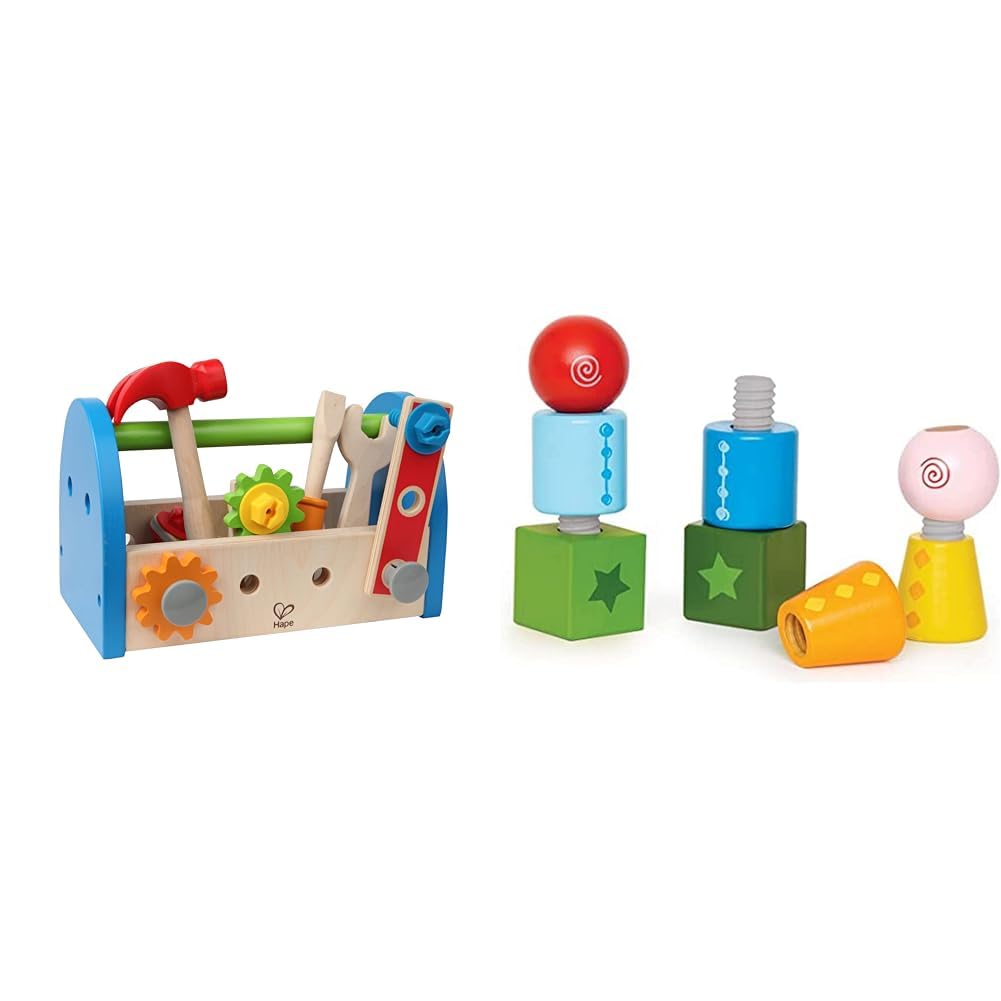 Hape Werkzeugkasten aus Holz mit Zubehör | farbenfrohe Werkbank Hammerspielset für Kinder, Problemlö