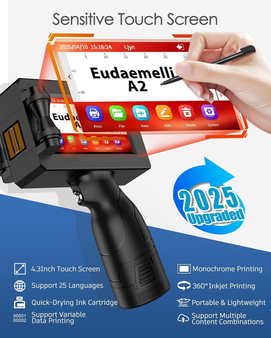 25.4mm Tragbarer Handdrucker, A2 Tragbarer Tintenstrahldrucker mit 42 ml schnelltrocknender Tinte, H