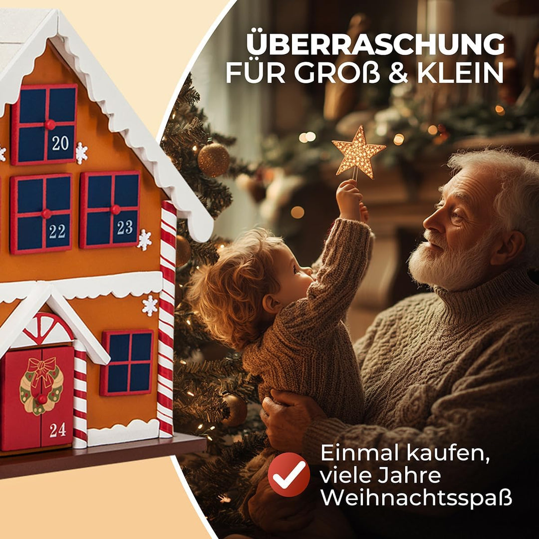 Spielwerk Wiederverwendbarer Adventskalender Winterhäuschen zum Befüllen 24 Türchen Bunt Bemalt Weih