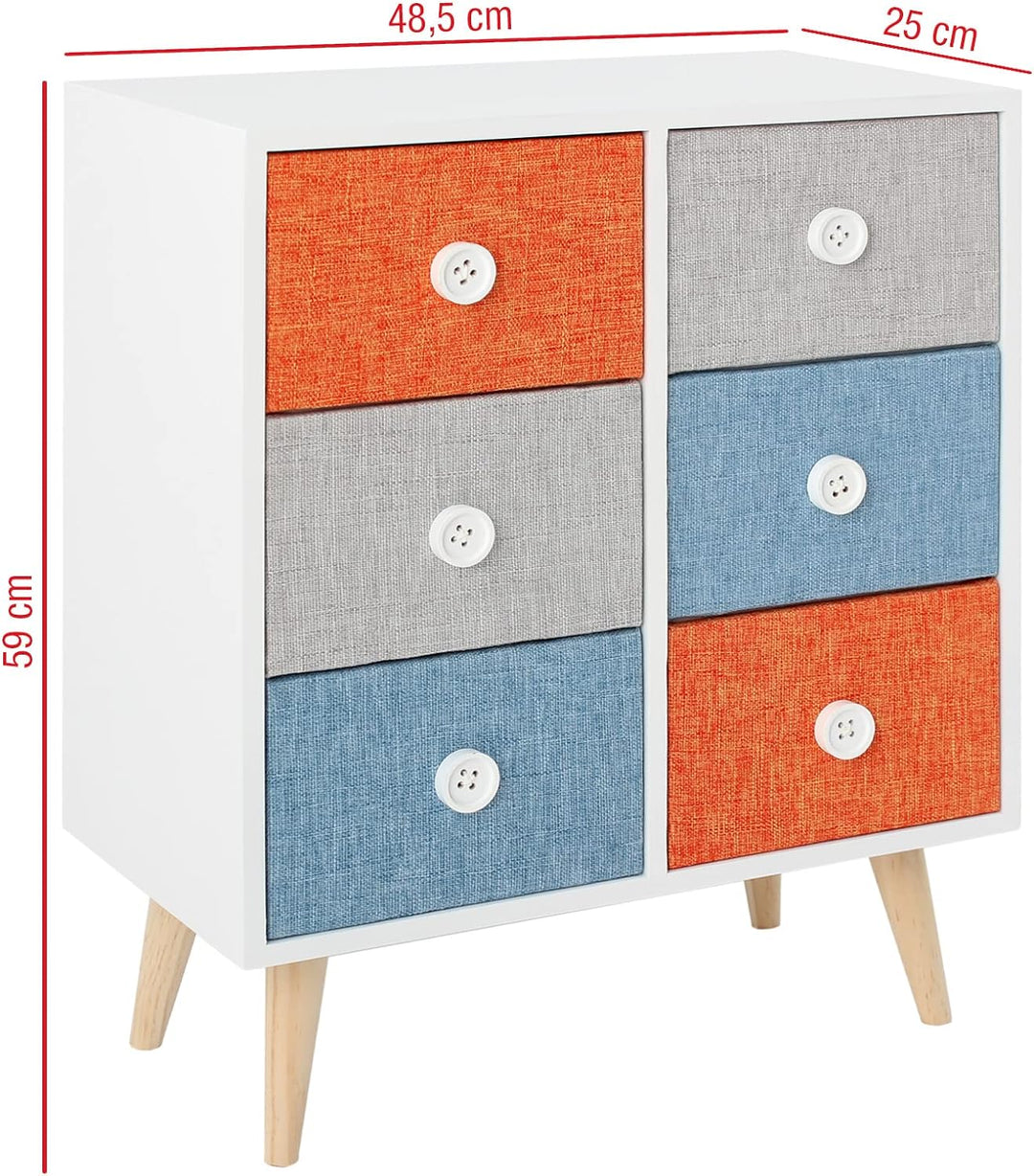 Rebecca Mobili Kommode mit 6 Schubladen, Platzsparender Schrank, Weiss Grau-Blau Orange, Zeitgenössi