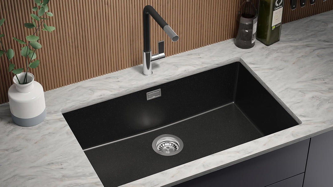 PRIMAGRAN Unterbauspüle Granit Schwarz 76x47cm, Spülbecken 1 Becken + Küchenarmatur 40x20cm + Ablauf