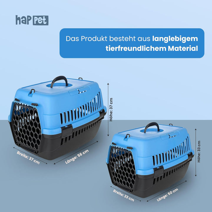 HAPPET Tiertransportbox ABBA S Blau 50x33x33 cm – Robuste, gut belüftete Transportbox aus Kunststoff