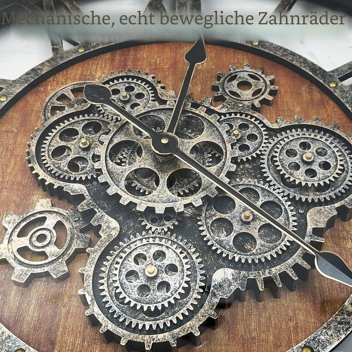 DORBOKER 68CM Grosse Vintage Wanduhr mit Beweglichen Zahnrädern, Retro Holz-Metallskelett, Gehärtete