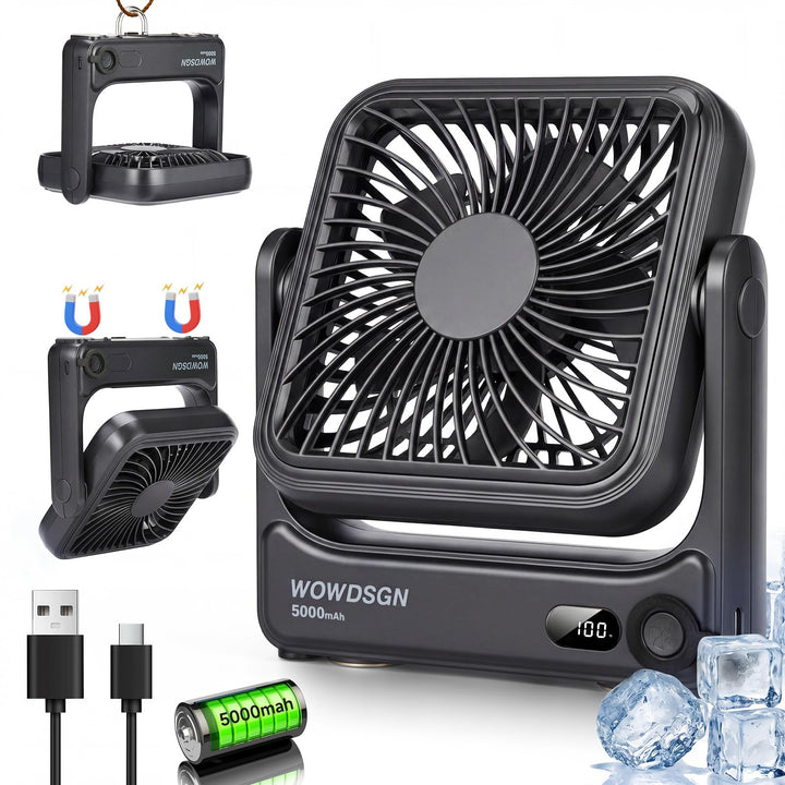 WOWDSGN Tischventilator USB 𝐦𝐢𝐭 𝐒𝐭𝐚𝐫𝐤𝐞𝐦 𝐌𝐚𝐠𝐧𝐞𝐭𝐟𝐮ss &amp; LED-Display, 𝟓𝟎𝟎𝟎𝐦𝐀𝐡 𝐀𝐤𝐤𝐮 Ventilator tragbar, 𝟒