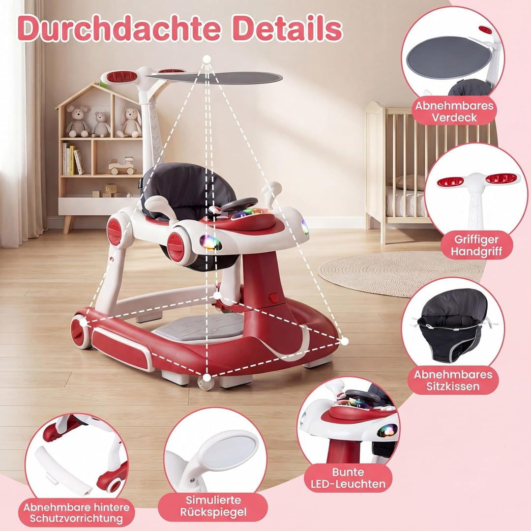 FANTASK 7 in 1 Lauflernhilfe mit abnehmbarem Verdeck, Lauflernwagen höhenverstellbar mit Spielboard,