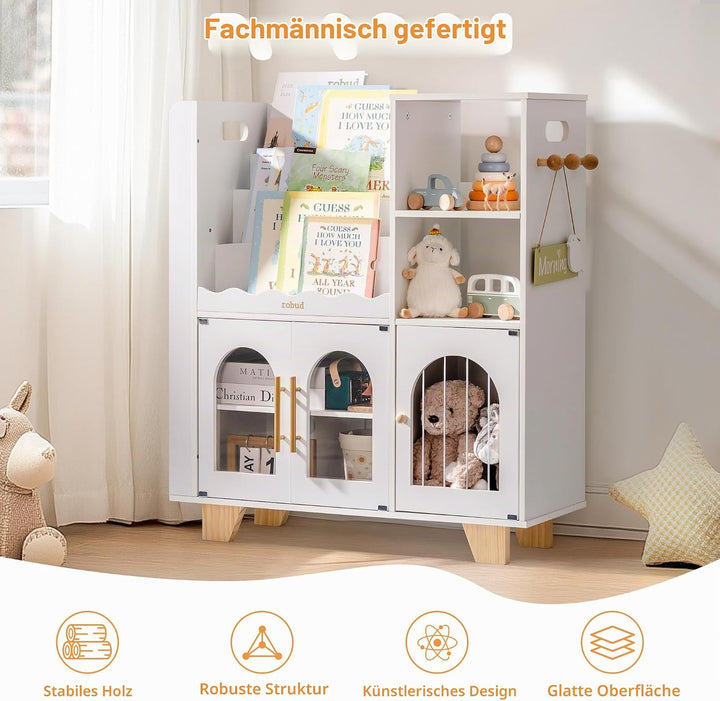 ROBUD Kinder bücherregal Weiss, Holz Standregal,mehrstufig, mit Spielzeugaufbewahrungszone, Kindersc