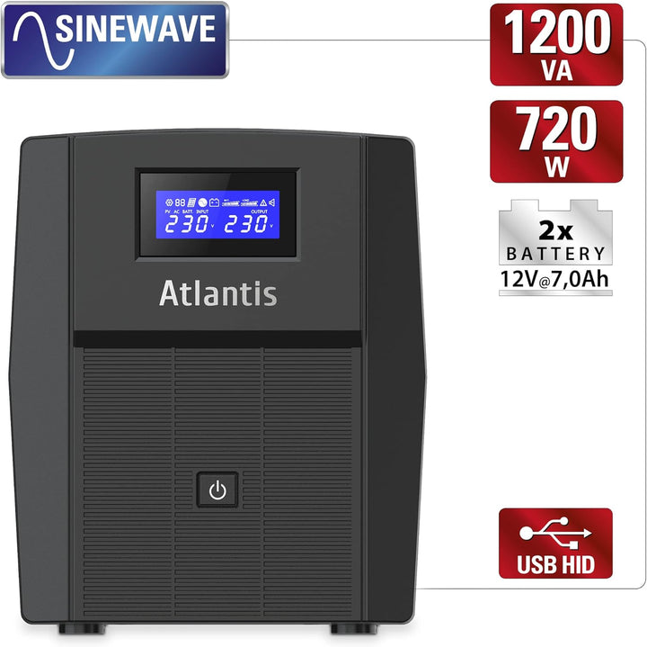 Atlantis A03-HP1503 Unterbrechungsfreie Sinuswelle 1200VA 720W Line Interactive, LCD-Display, USB-HI
