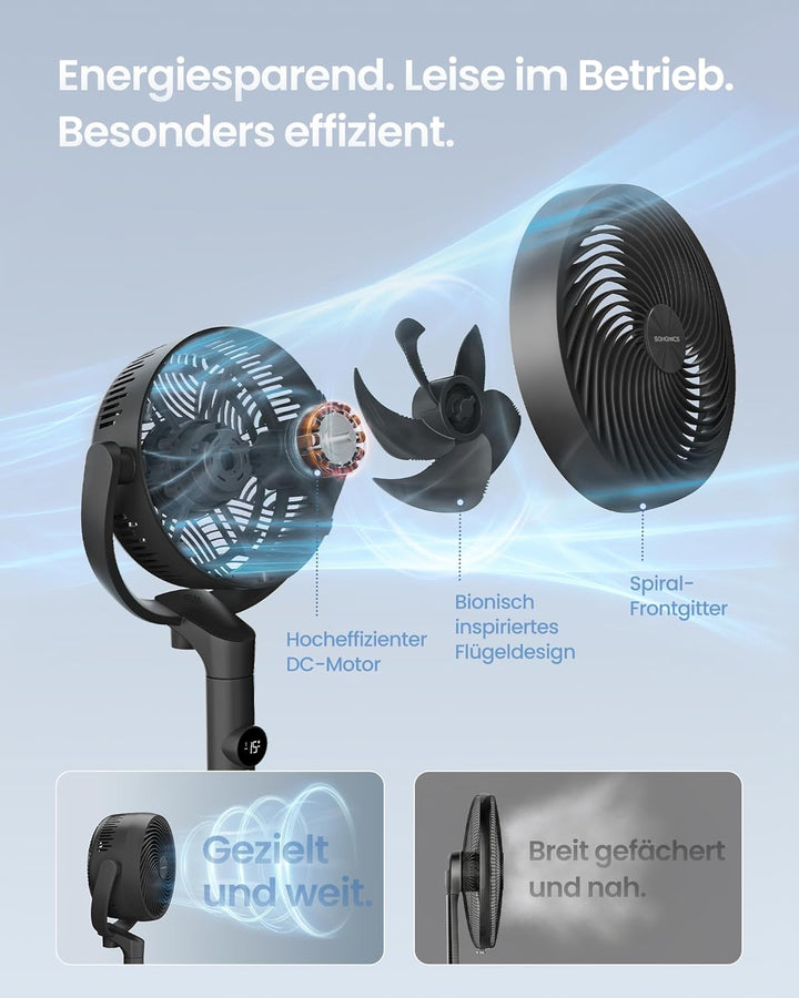 SONGMICS Standventilator, Ventilator leise 20 dB mit Fernbedienung, Luftzirkulator 120° und 135° Osz