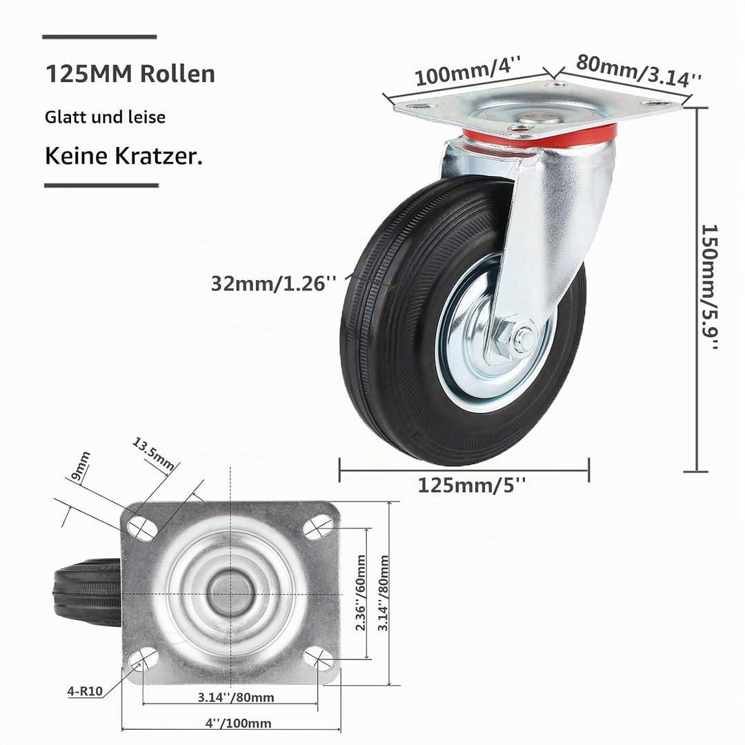Schwerlastrollen 125mm mit Bremse, 4 Stück Transportrollen Lenkrollen bis 400kg, Gummi Möbelrollen 3