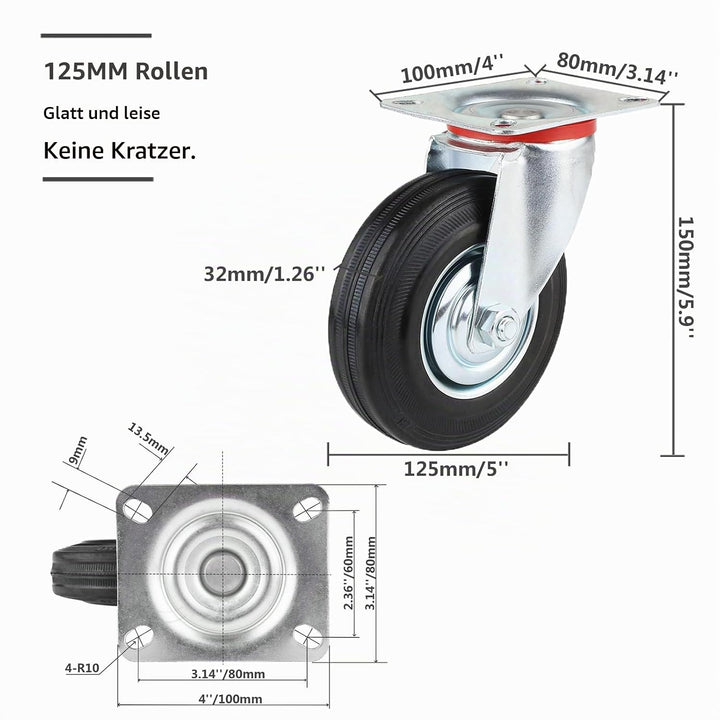 Schwerlastrollen 125mm mit Bremse, 4 Stück Transportrollen Lenkrollen bis 400kg, Gummi Möbelrollen 3