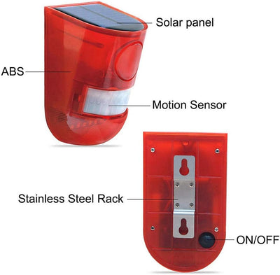 Solar Alarmleuchte,Sicherheitsalarm Warnung Blinklicht 110DB 6 LED Bewegungsmelder mit Sound Rotlich