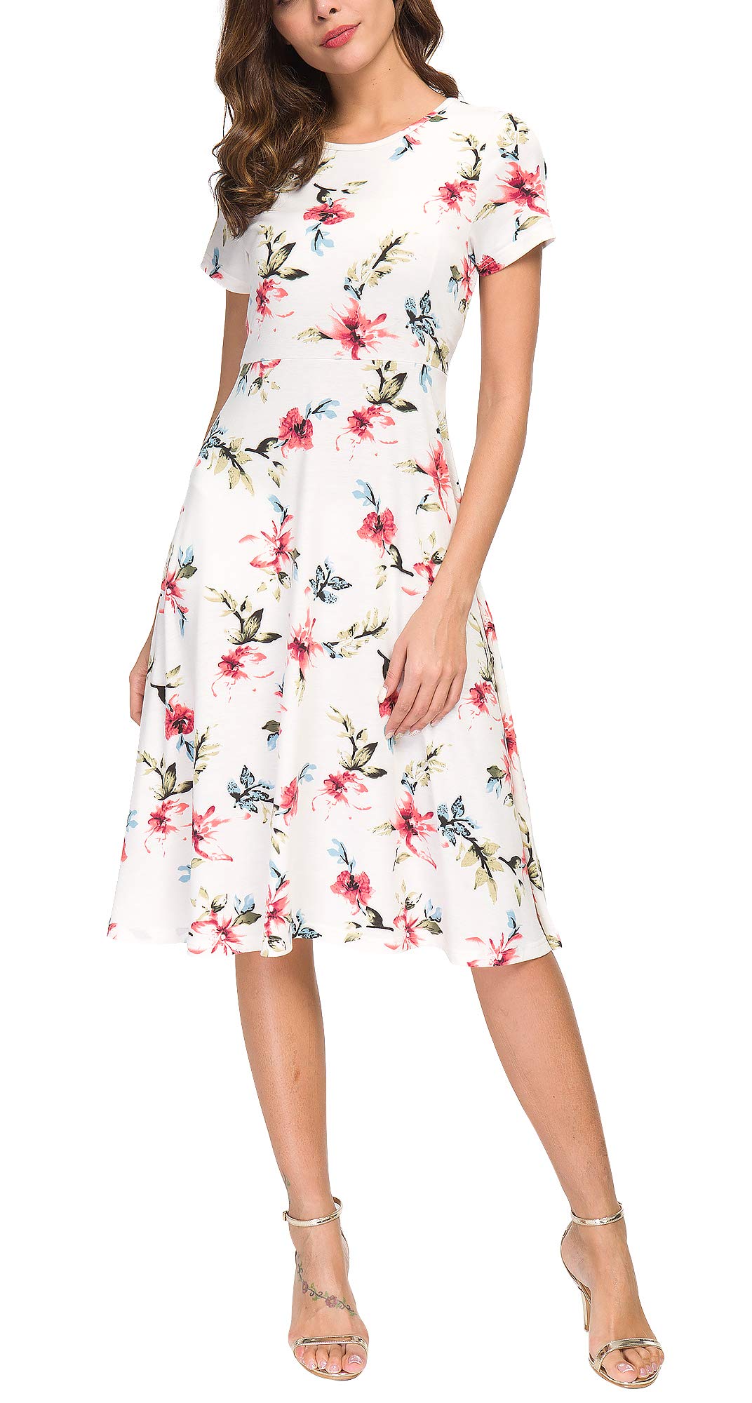 EXCHIC Damen Freizeit Rundhals A-Linie Kurzarm Midi Kleid Elegant Blumen Sommer Knielang Kleider L 5