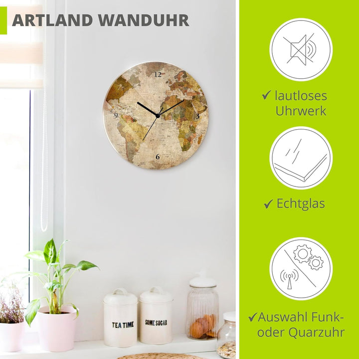 ARTLAND Wanduhr ohne Tickgeräusche Glas Quarzuhr Ø 30 cm Rund Lautlos Weltkarte Weltkarte Quarzuhr,
