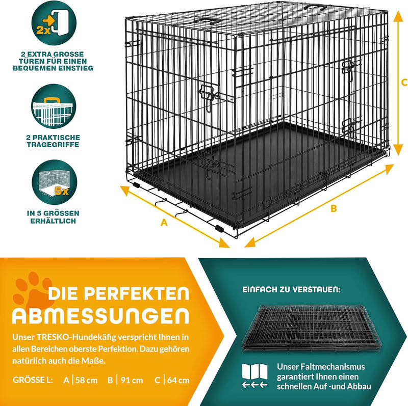 TRESKO Hundekäfig 91 x 58 x 64 cm faltbar mit 2 Türen | Transportkäfig Auto | Hundebox mit Bodenscha