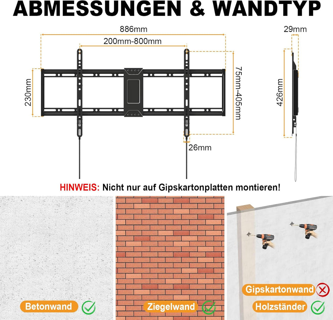 Universal TV-Wandhalterung 43-95 Zoll Feste - Flache TV Halterung bis 75kg, VESA 800x400 kompatibel,