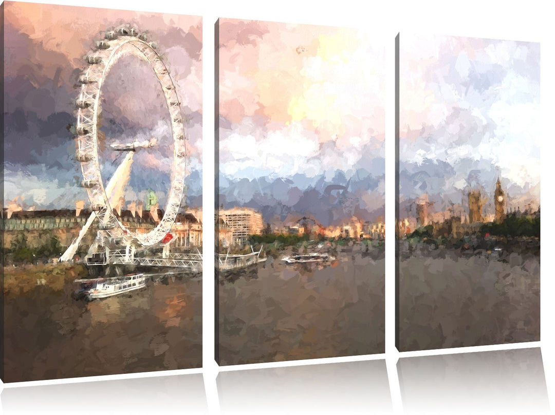 Pixxprint Riesenrad, London Eye Malerei Effekt 3-Teiler Leinwandbild 120x80 Bild auf Leinwand