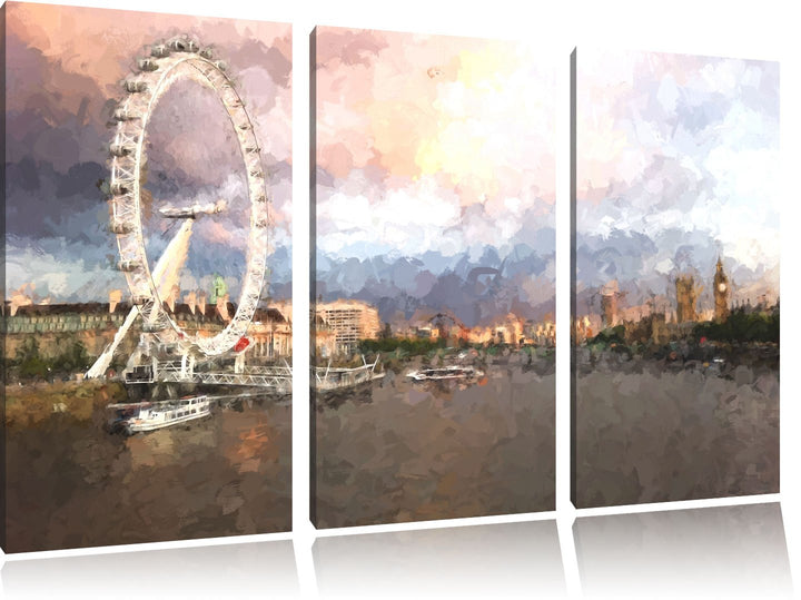 Pixxprint Riesenrad, London Eye Malerei Effekt 3-Teiler Leinwandbild 120x80 Bild auf Leinwand
