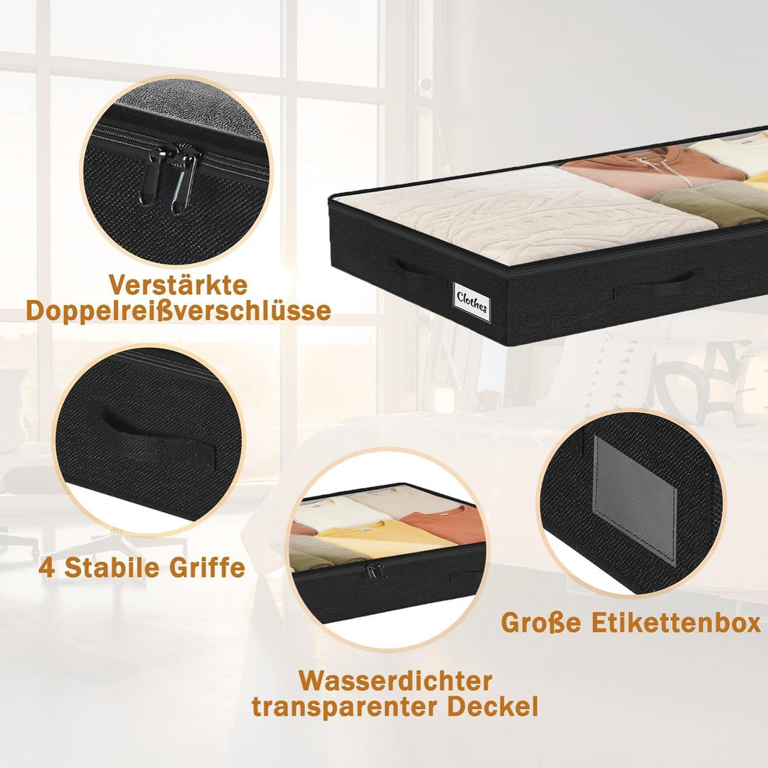 4 Stück Unterbett Aufbewahrungsbox,10cm hoch Unterbettkommode mit klarem Deckel, Faltbare Kleiderauf