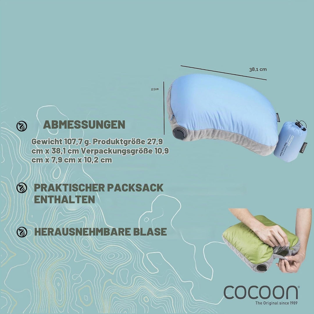 COCOON Air-Core Hood Camp Pillow - aufblasbares Camping- und Reisekissen, Farbe:light blue - hellbla