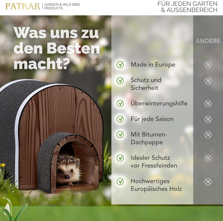 PATKAR Igelhaus Winterfest mit Boden [SCHÜTZT VOR FRESSFEINDEN] - Premium Igelfutterhaus (Made in Eu