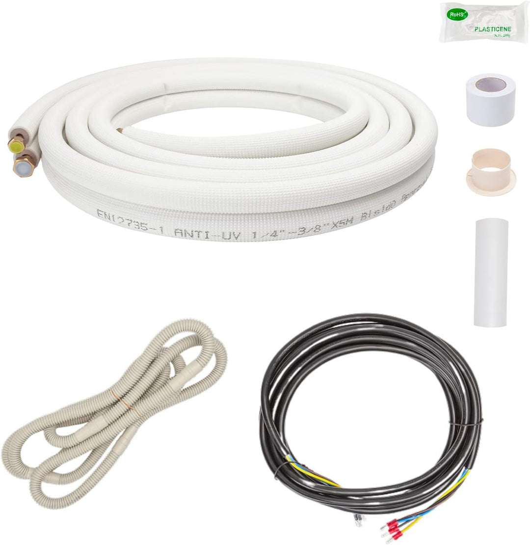 2x 5m 1/4"+3/8" Zoll Kupferleitungen Kältemittelleitungen Isoliert Kupferrohr für 9000/12000 BTU Mon