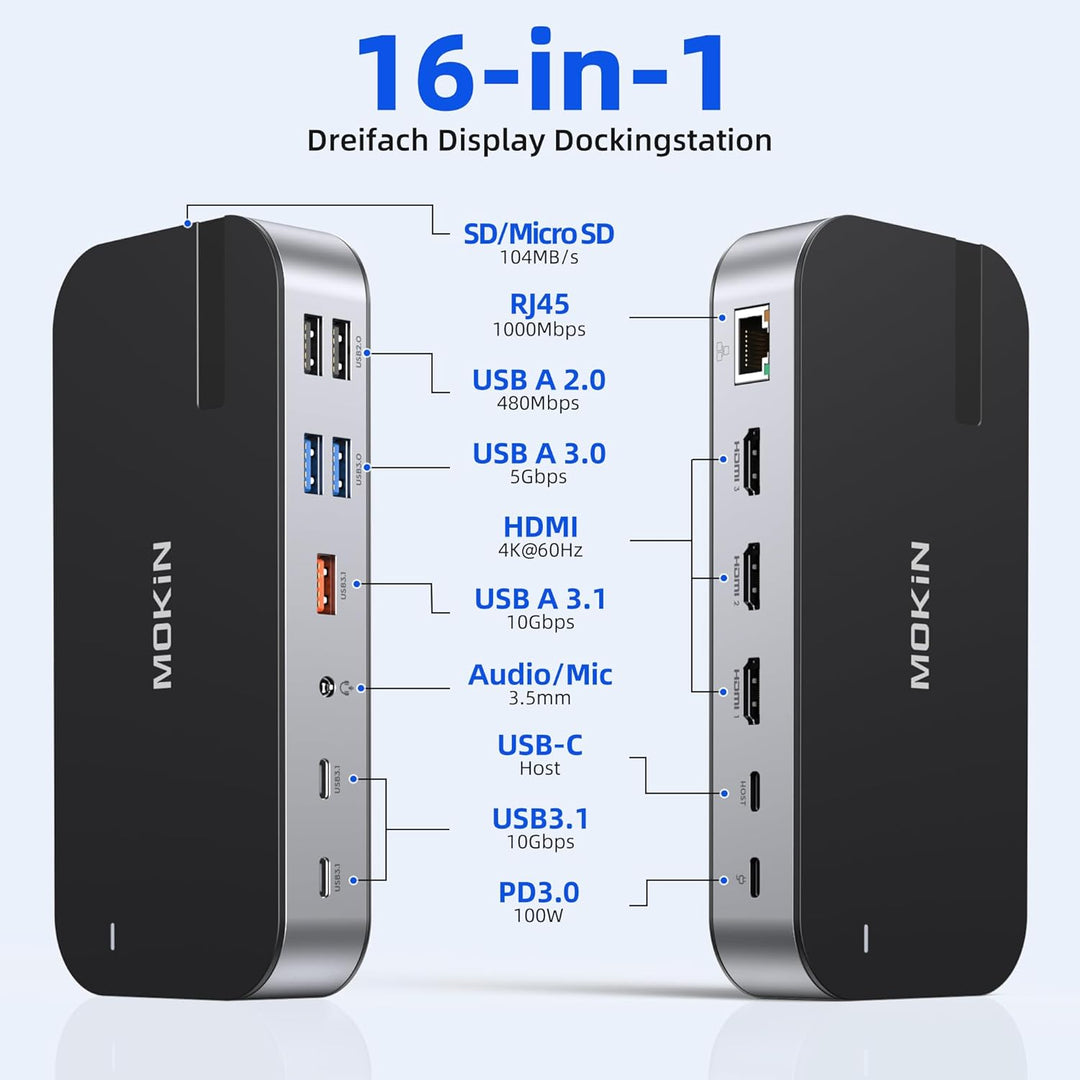 USB C Docking Station 3 HDMI, 16 in 1 Docking station zwei Monitor, Laptop Docking station drei Disp