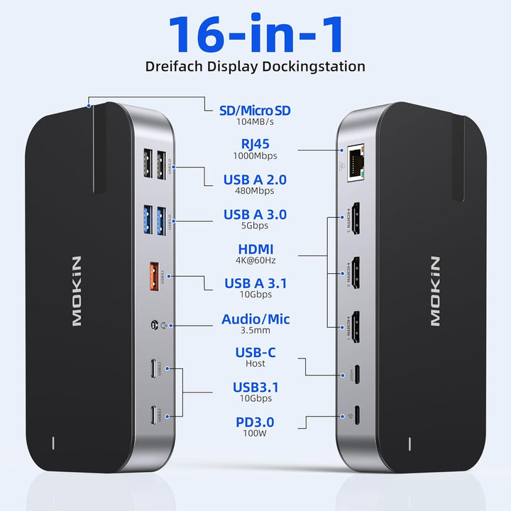 USB C Docking Station 3 HDMI, 16 in 1 Docking station zwei Monitor, Laptop Docking station drei Disp
