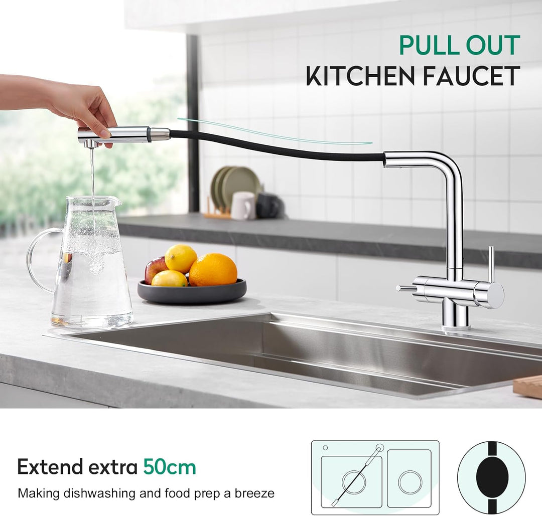 CREA 3 Wege Wasserhahn Küche mit Brause, 360° Drehbar Küchenarmatur, Drei Wege Mischbatterie für Was