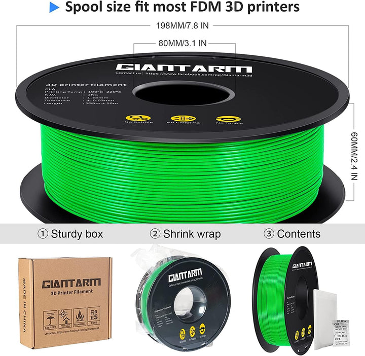 PLA Filament 1.75mm,GIANTARM 3D Drucker Filament PLA Grün 1kg Spool C-Grüner, C-Grüner