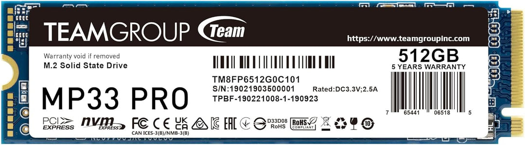TEAMGROUP MP33 PRO 512 GB M.2 PCIe 2280 NVMe 1.3 interne SSD, bis zu 2100 MB/s Gen3x4 Solid State Dr