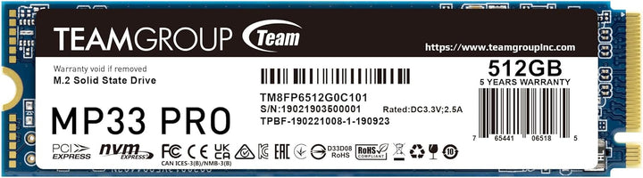 TEAMGROUP MP33 PRO 512 GB M.2 PCIe 2280 NVMe 1.3 interne SSD, bis zu 2100 MB/s Gen3x4 Solid State Dr