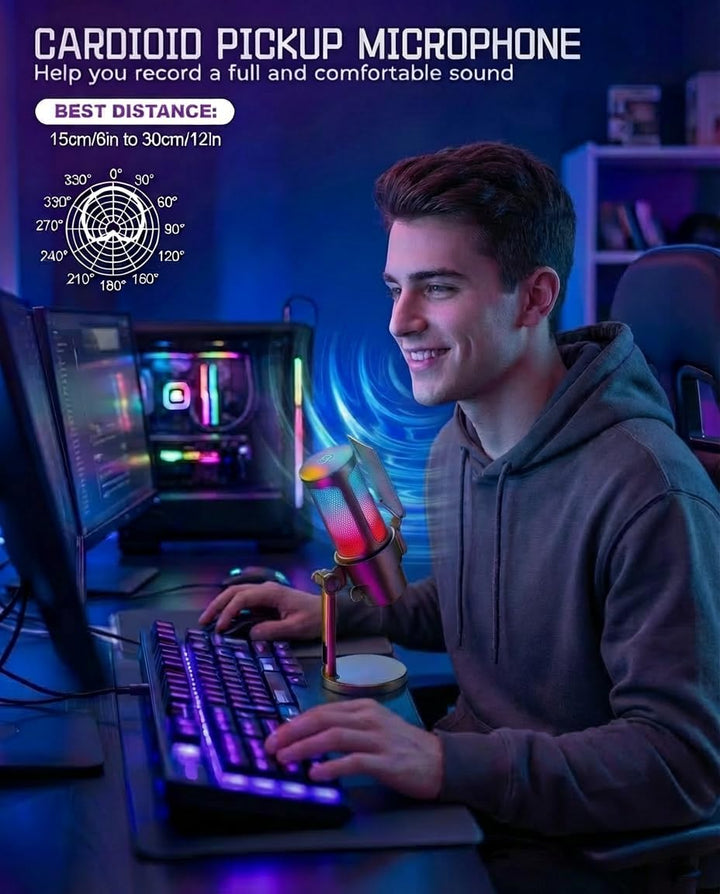 USB Gaming Mikrofon mit Ständer Plug & Play PC Mikrofon mit Mute-Taste, RGB-Beleuchtung, Pop-Filter