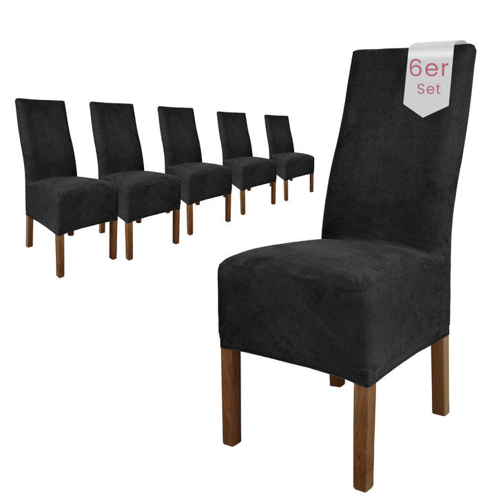 SCHEFFLER-Home Stuhlhussen 6er Set Leon Schwarz/elastische Wildleder Hussen für Stühle/Robustes Frei