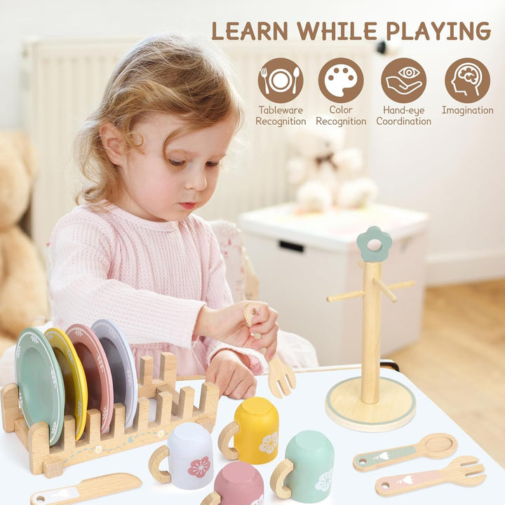 Kinderküche Geschirr Teeservice Kinder Holz, 29 Pcs Montessori Küchenzubehör mit Tassen Teller, Spie