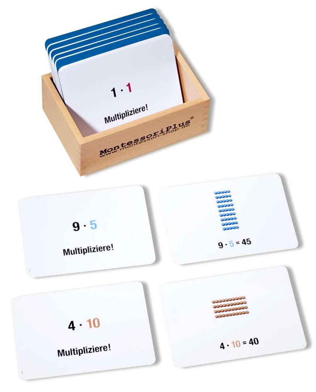 Arbeitskartei zum Montessori Perlenmaterial zur Multiplikation, 100 Aufgabenkarten zur Freiarbeit in