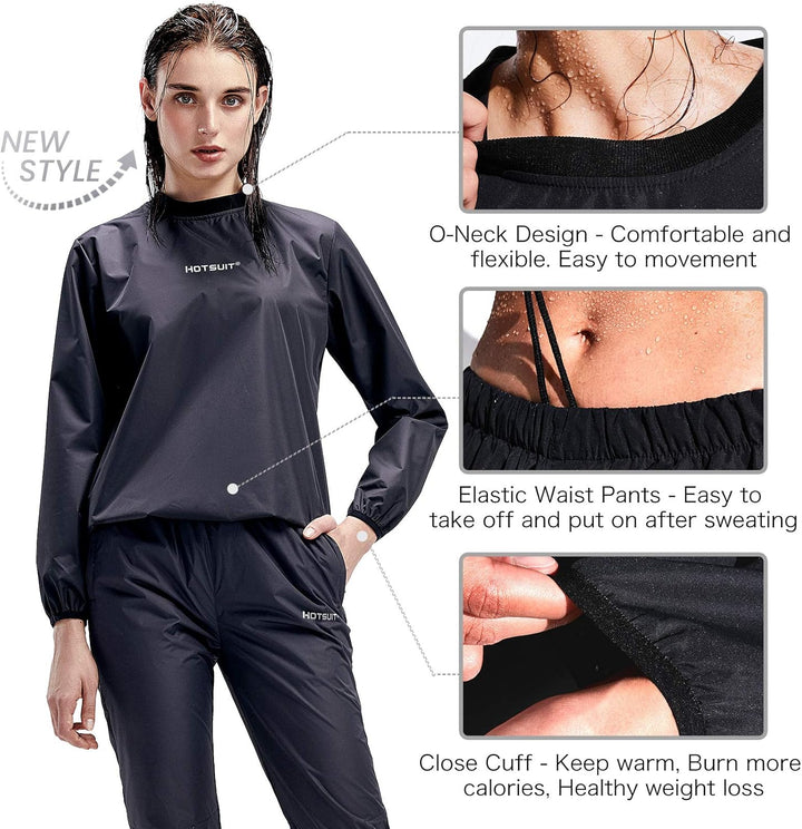HOTSUIT Saunaanzüge Damen Sauna Sportanzug Schwitzanzug Fitness Sportshirt Trainingshose Schwarz