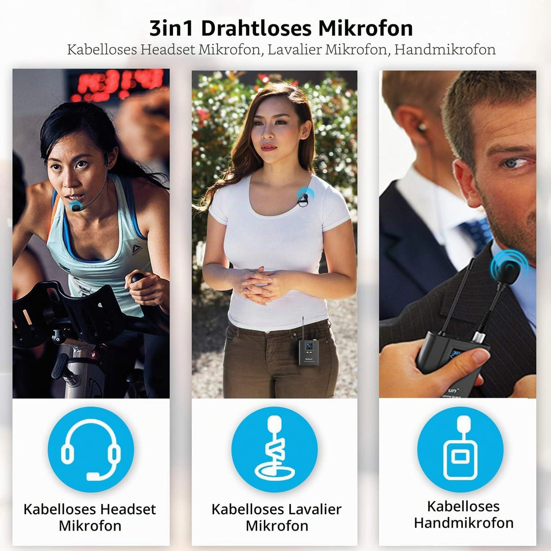 UHF Wireless Lavalier Lapel Microphone System, Kabelloses Lavalier-Mikrofon, Headset Mic, Interview