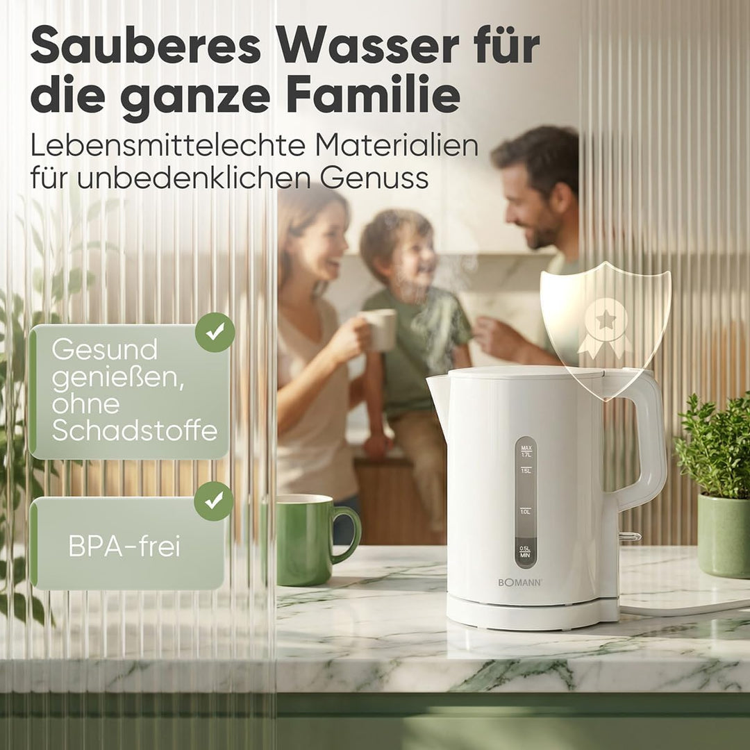 Bomann Wasserkocher 1,7L | 2200W für schnelles Erhitzen | BPA frei | Einhandbedienung | Wasserstands