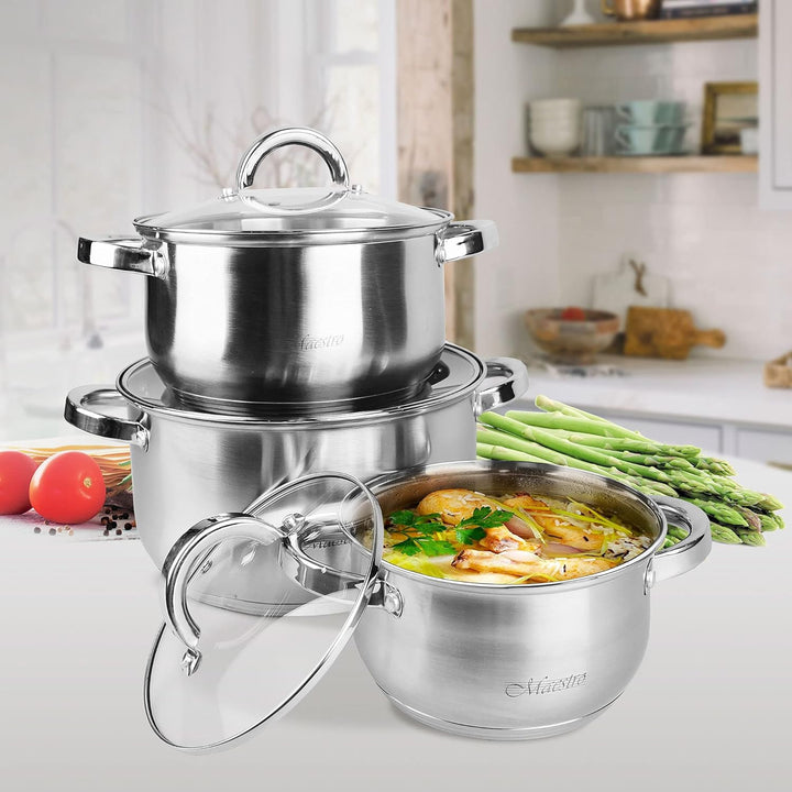 Maestro MR-2120-6L Kochtopf Set Edelstahl, 6-Teilig, Induktion, 3 Topfe, 3 Glasdeckel, Geeignet für
