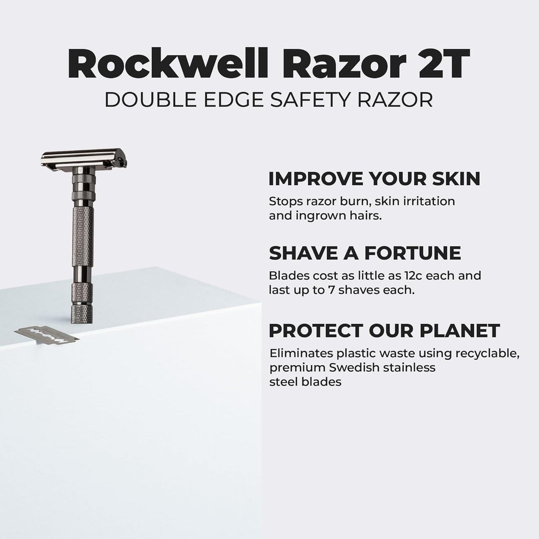 Rockwell T2 | Twist-To-Open (TTO) Doppelschneidiger Sicherheitsrasierer | Vollmetall | inklusive 5 v