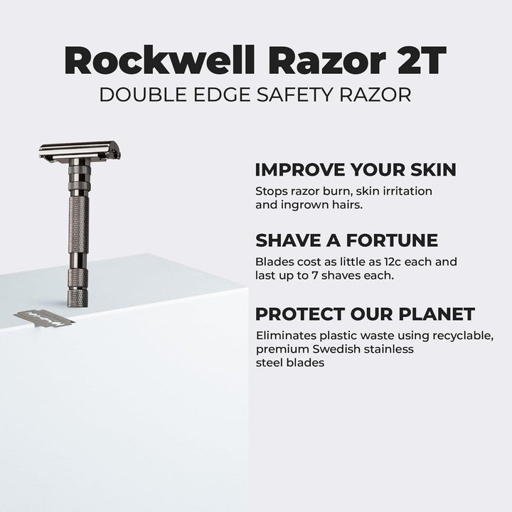 Rockwell T2 | Twist-To-Open (TTO) Doppelschneidiger Sicherheitsrasierer | Vollmetall | inklusive 5 v