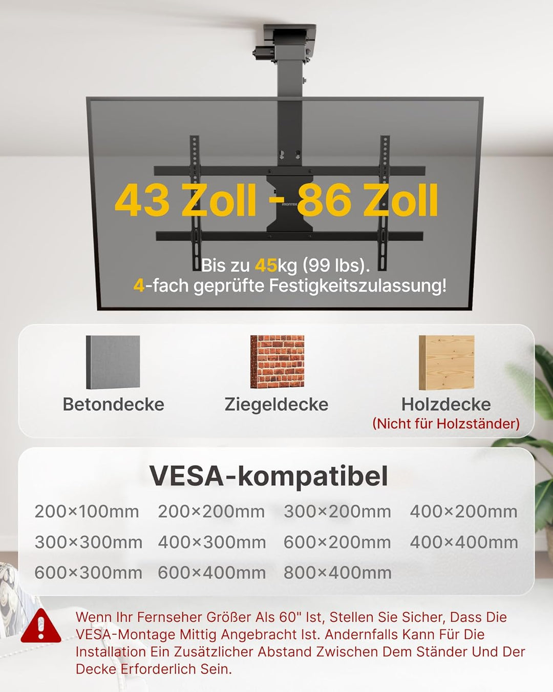 monTEK TV Deckenhalterung Elektrisch für 43-86 Zoll Fernseher, Elektrische TV Halterung Motorisiert