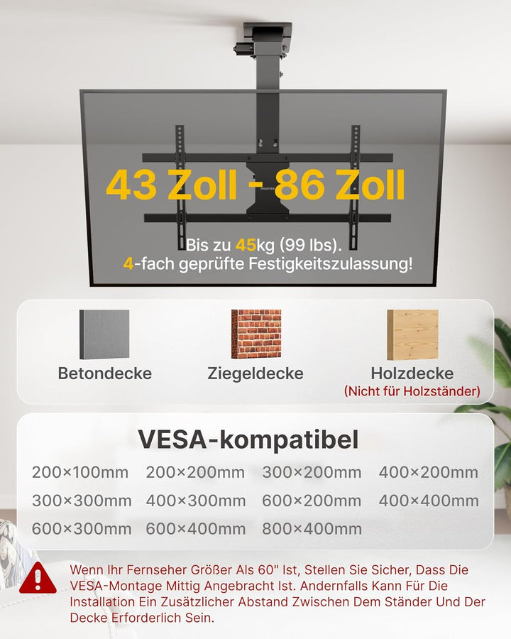 monTEK TV Deckenhalterung Elektrisch für 43-86 Zoll Fernseher, Elektrische TV Halterung Motorisiert