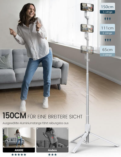 ANXRE 150cm Handy Stativ mit FernauslöSer [VerstäRkter Ständer],All-In-One Selfie Stick Handy Stativ
