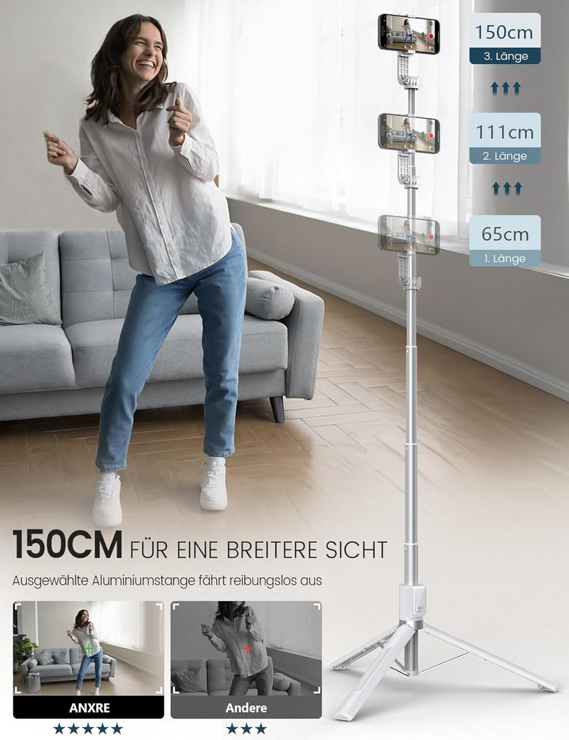ANXRE 150cm Handy Stativ mit FernauslöSer [VerstäRkter Ständer],All-In-One Selfie Stick Handy Stativ